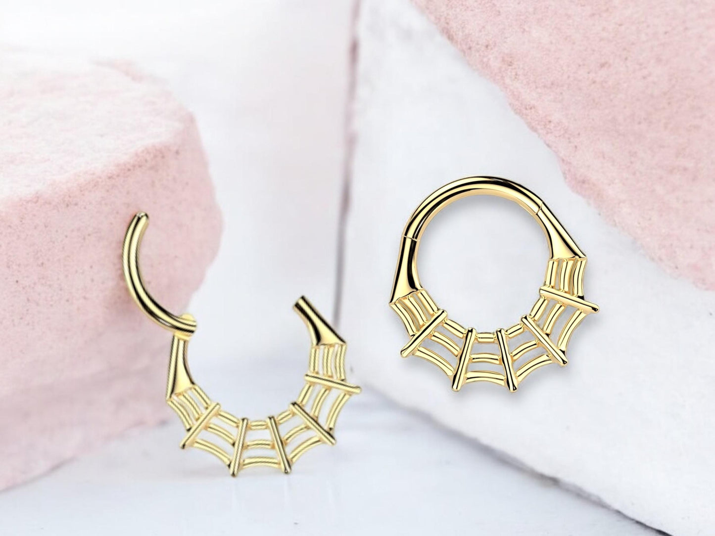16G Spider Web Septum Clicker Ring, Gold Hinged Segment Septum Hoop Ring, Halloween Body Piercing Jewelry,Spider Daith,Cartilage Hoop