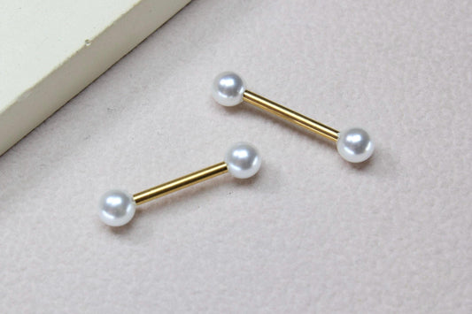 14g White Pearl Nipple Barbell, Cute Pearl Ball Nipple Ring Piercing , Surgical Steel Jewelry, Custom Body Jewelry
