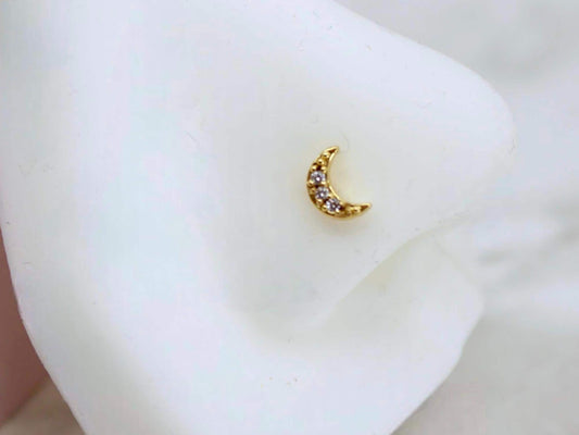 Gold Crescent Moon CZ Nose Stud, 8mm Dainty Nose Bone Stud,L Shape Crescent Nose Ring,Ball End Stud,Tiny Nose Jewelry,Nose Piercing Jewelry.