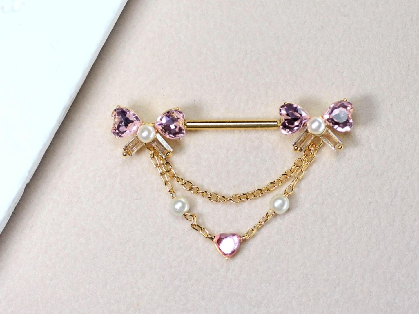 14g Gold Dangling Nipple Barbell, Bow Heart Drop Dangle Push In Nipple Piercing, Surgical Steel Body Jewelry.