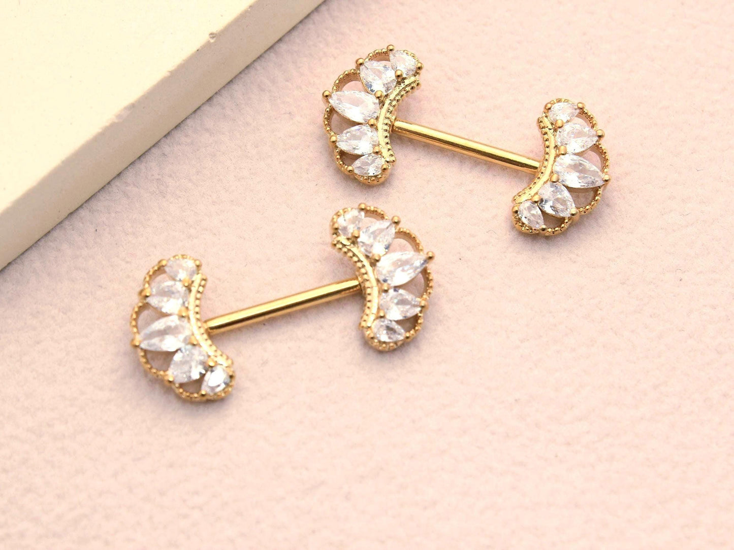 14g Gold Nipple Barbell, CZ Paved Floral Petal Leaf Nipple Ring Jewelry, Pair of Leaf Nipple Piercing Jewelry, Gold Body Piercing Jewelry