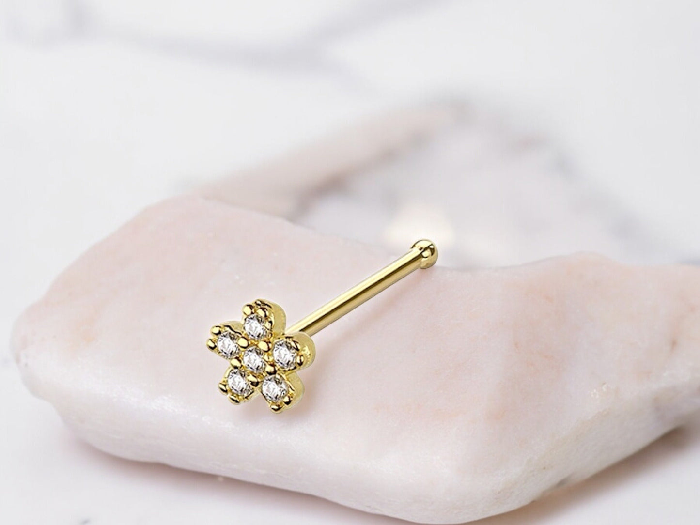 14K Gold Flower Nose Stud, Flower Top Sparkle Gem Nose Stud,20g Thin Nose Stud Ball End Nose Bone Stud Elegant Flower Nose Piercing Jewelry