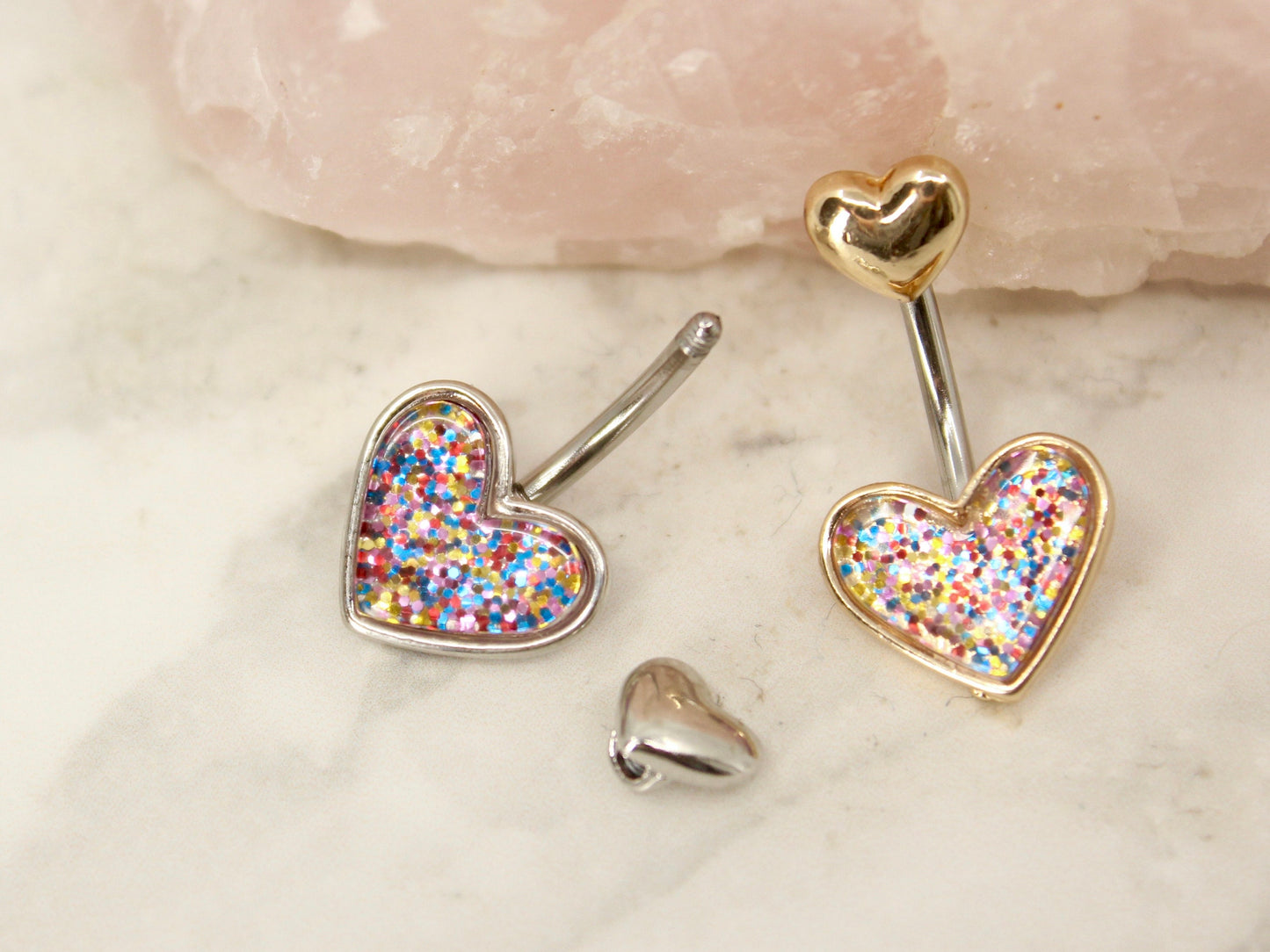 NEW • 14G Glitter Heart Belly Button Ring. Silver/Gold Resin Heart Navel Ring. Cute Belly Jewelry. Navel Piercing.