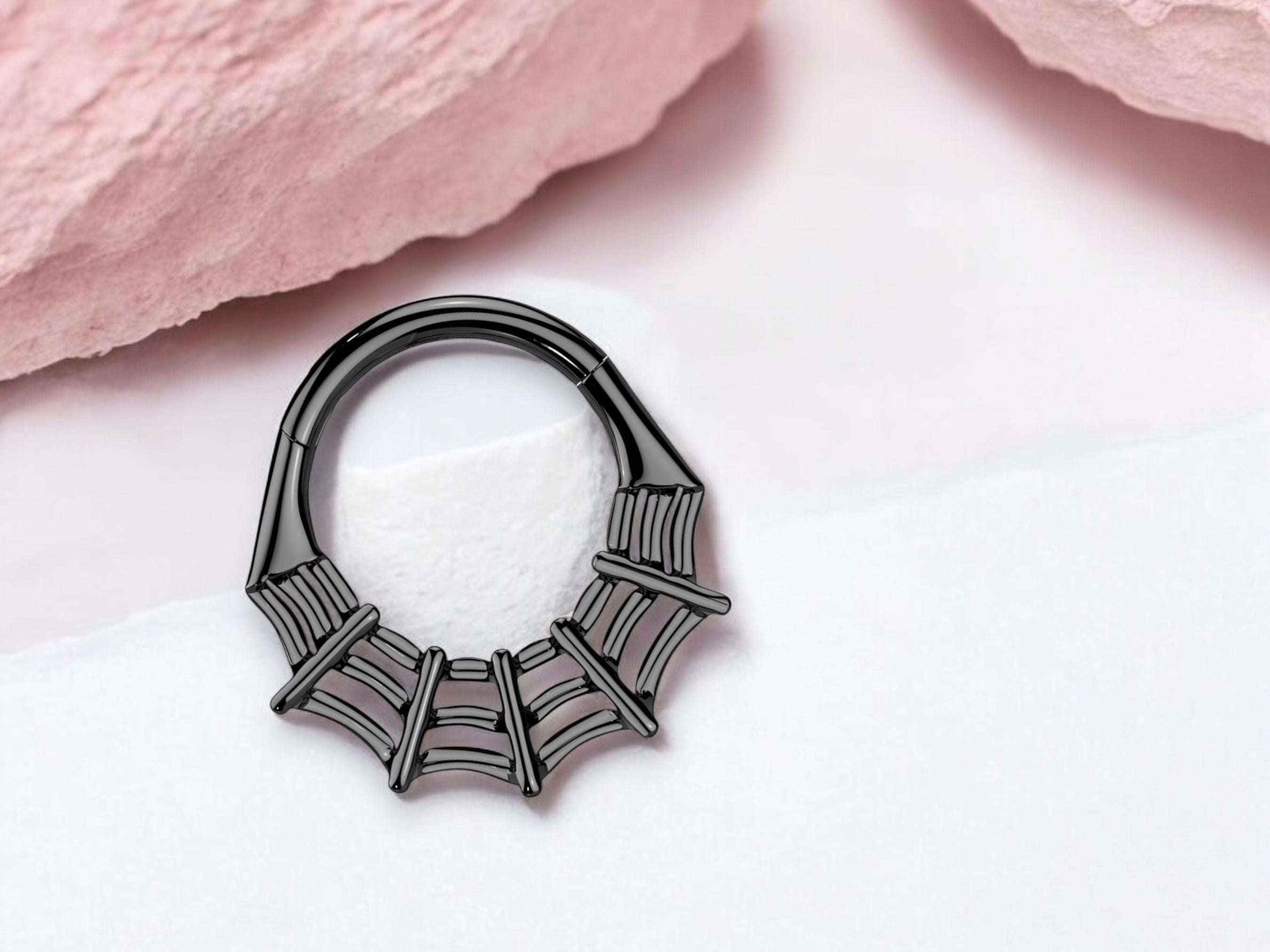 16G Spider Web Septum Clicker Ring, Black Hinged Segment Septum Hoop Ring, Halloween Body Piercing Jewelry,Spider Daith,Cartilage Hoop