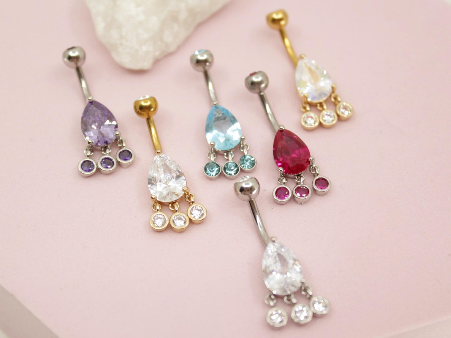 Dangling Belly Button Ring, Teardrop CZ Stone Belly Piercing Jewelry, 14g Body Jewelry, Navel Piercing Bar, Multicolor Belly Jewelry