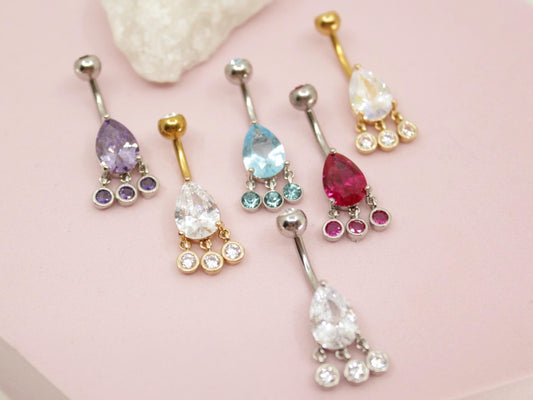 Dangling Belly Button Ring, Teardrop CZ Stone Belly Piercing Jewelry, 14g Body Jewelry, Navel Piercing Bar, Multicolor Belly Jewelry