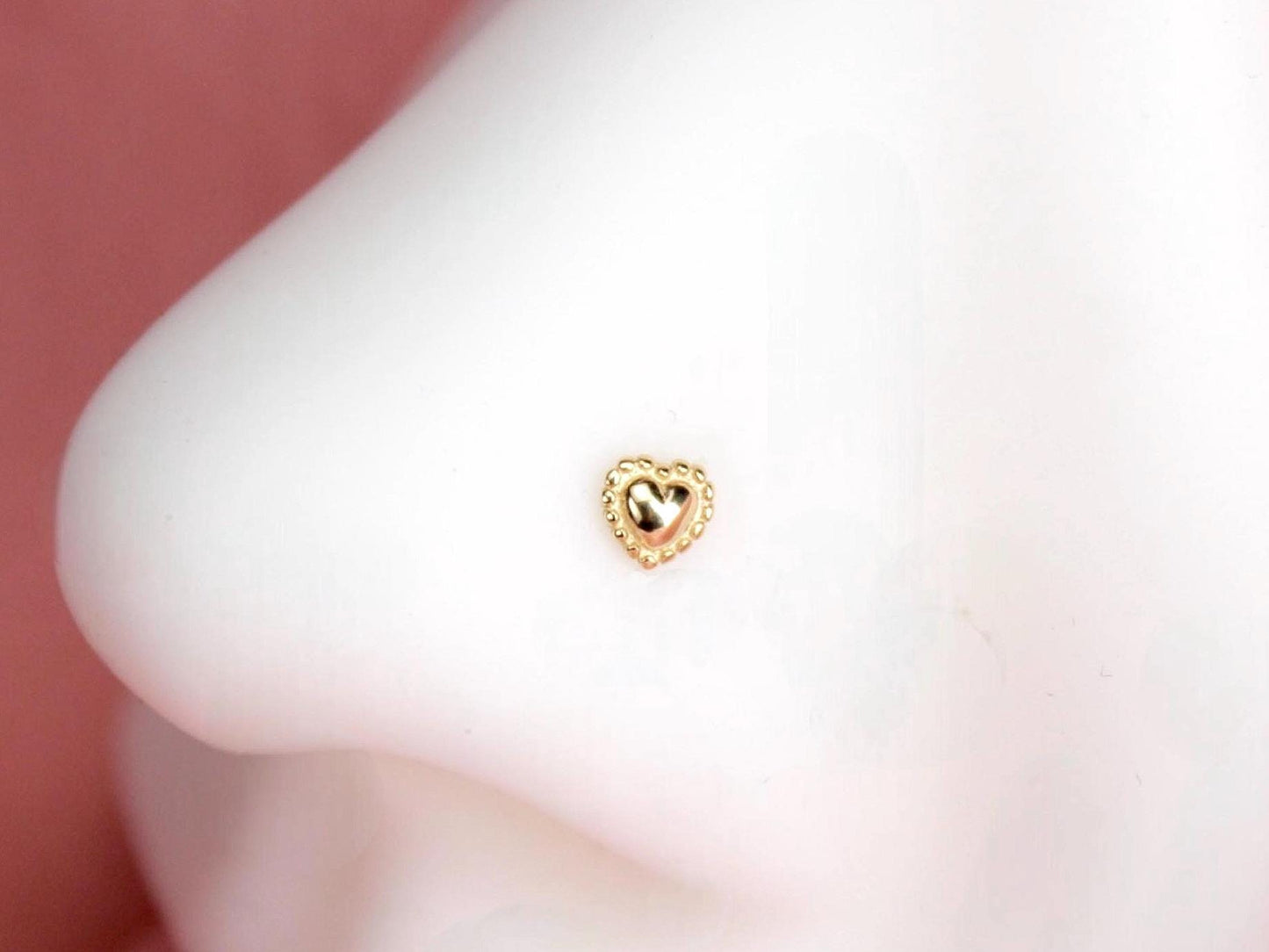 14K Solid Gold Heart Nose Stud, 20g Beaded Heart Corkscrew Piercing, Dainty Gold S Bar Nose Jewelry, Minimalist Nose Piercing Ring Jewelry