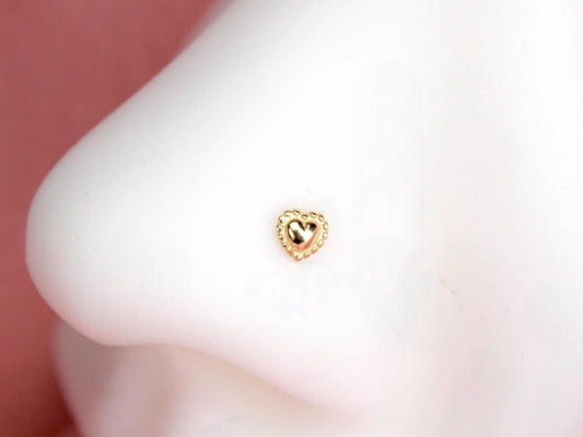 14K Solid Gold Heart Nose Stud, 20g Beaded Heart Corkscrew Piercing, Dainty Gold S Bar Nose Jewelry, Minimalist Nose Piercing Ring Jewelry