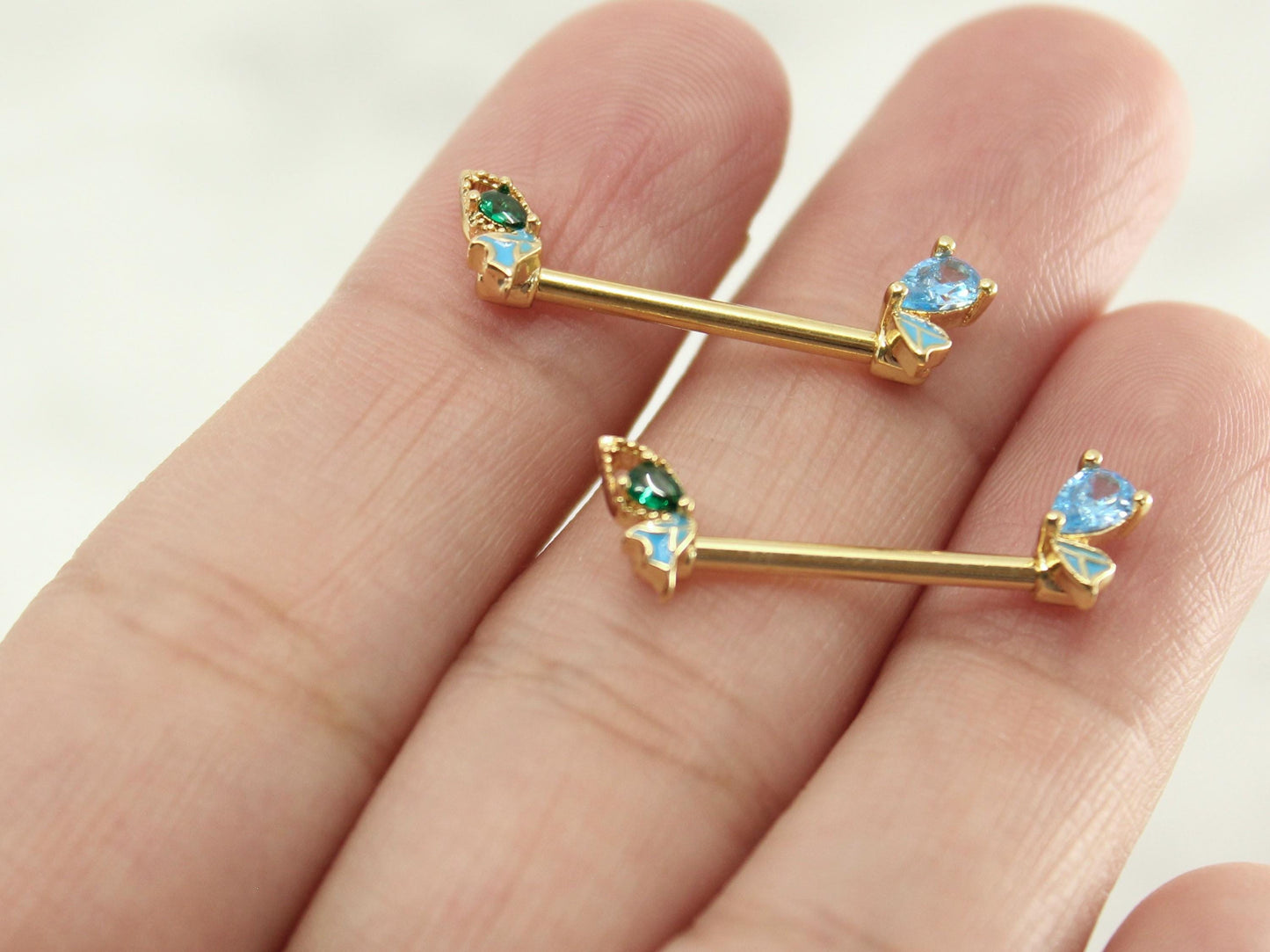 NEW • Dainty Butterfly Ends Nipple Ring,14G Dainty Butterfly Nipple Piercing Jewelry, Set of 2 Nipple Barbell Jewelry, Body Piercing Jewelry