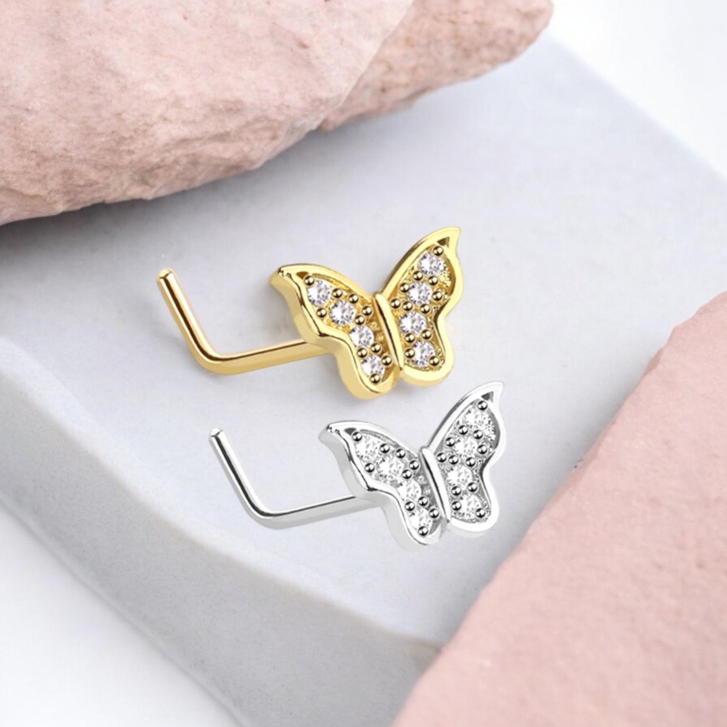 Gold Butterfly Nose Stud, 20g Dainty CZ Decor Butterfly Nose Piercing Body Jewelry, L shape Nose Piercing Ring, Thin Nose Stud Jewelry.