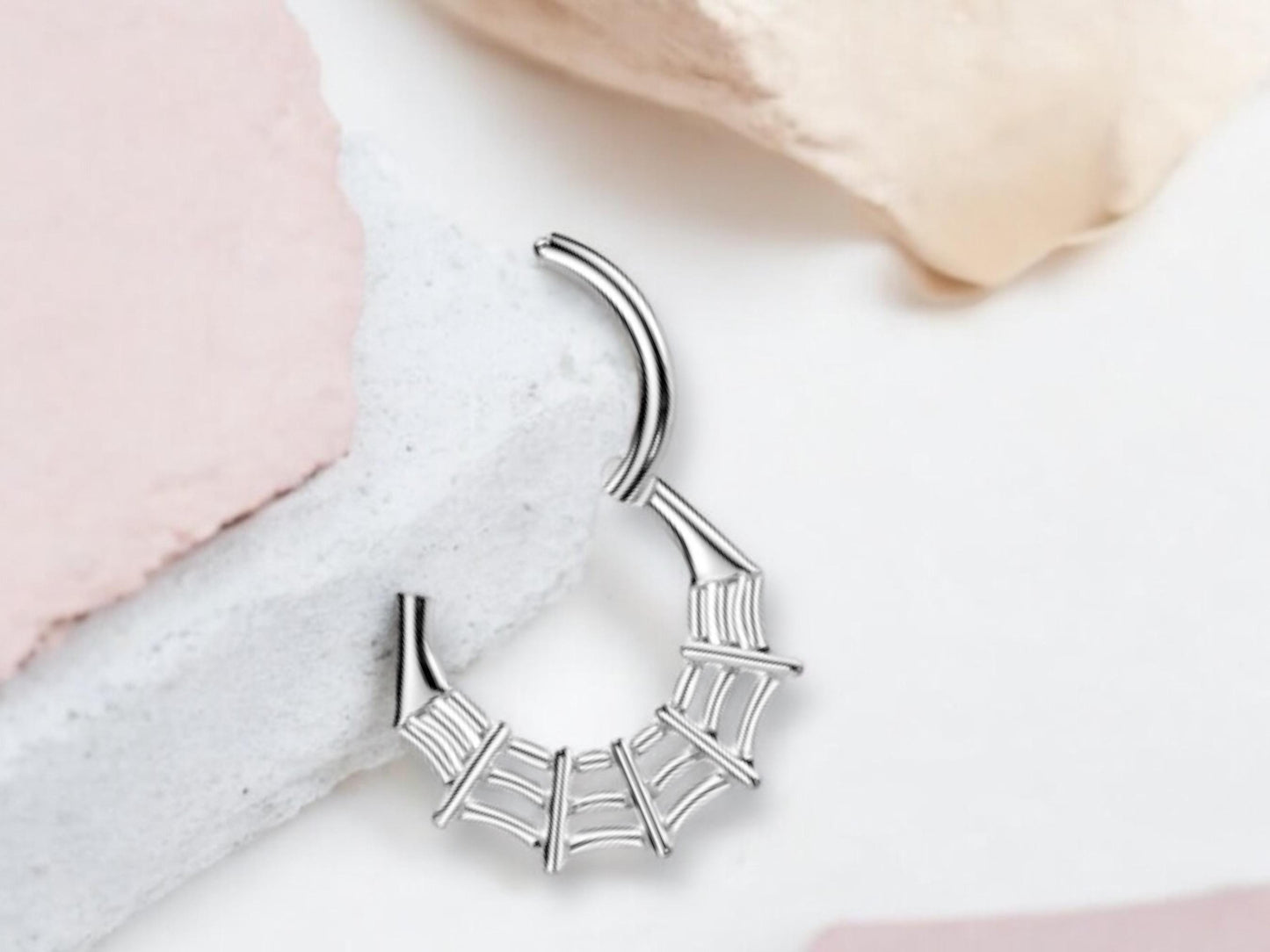 16G Spider Web Septum Clicker Ring, Silver Hinged Segment Septum Hoop Ring, Halloween Body Piercing Jewelry,Spider Daith,Cartilage Hoop