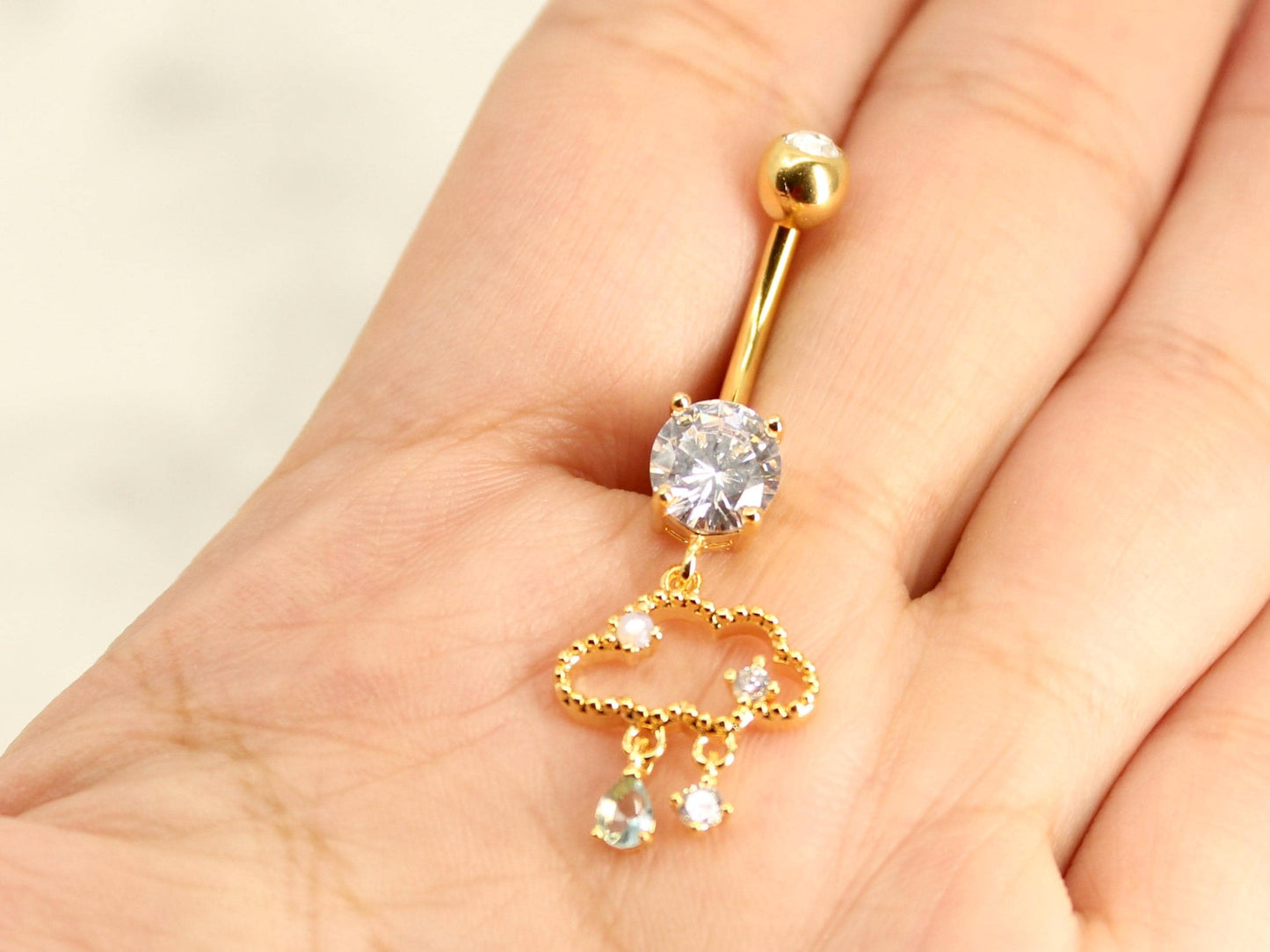 14g Dangling Belly Ring, Gold Silver Raining Cloud Dangle Belly Button Ring, Navel Piercing, Body Jewelry, Belly Ring Piercing Jewelry