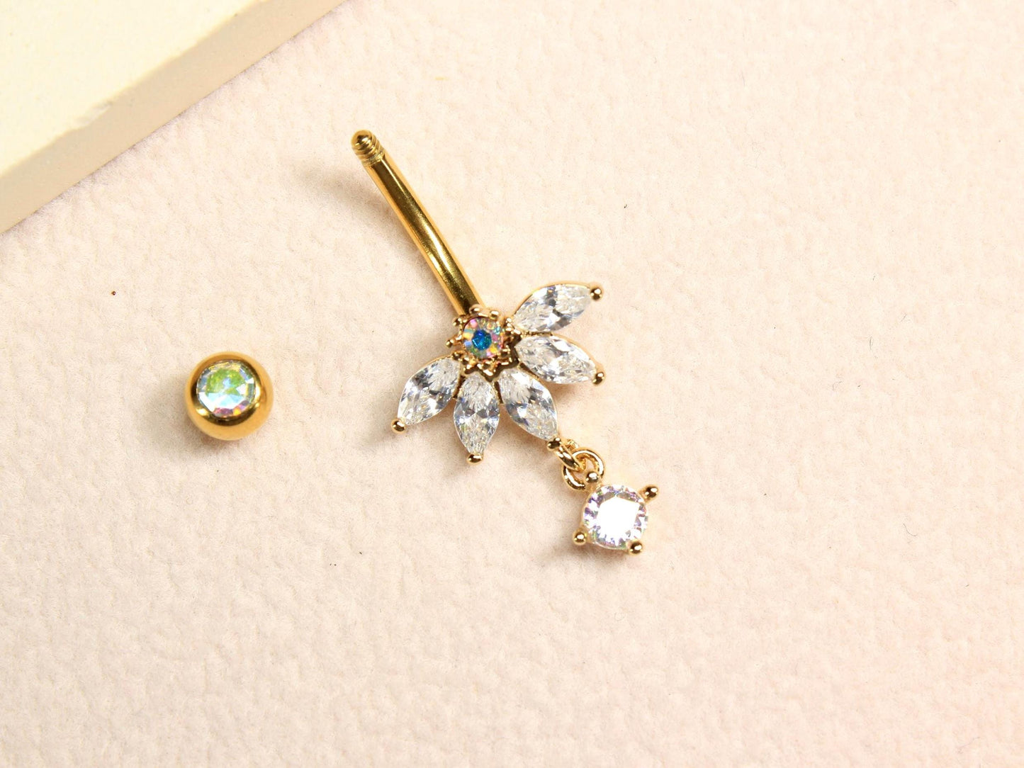 Gold Dangling Belly Button Ring, 14G Petal Leaf Decor Marquise Gemstone Belly Ring Piercing Jewelry, Gold Navel Piercing,Dainty Body Jewelry