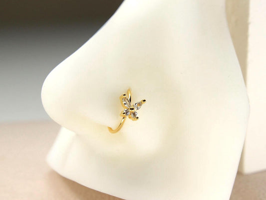 Gold Nose Hoop Ring, 20g Dainty Butterfly Bendable Nose Ring Piercing, Minimalist Nose Jewelry, CZ Butterfly Nose Piercing Body Jewelry