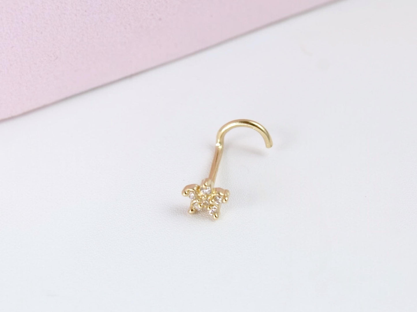 14k Gold Nose Ring, Solid Gold L Shape Corkscrew Nose Stud Jewelry, 20g Dainty Gold Flower Nose Ring, Nose Piercing Jewelry, Gold Nose Ring
