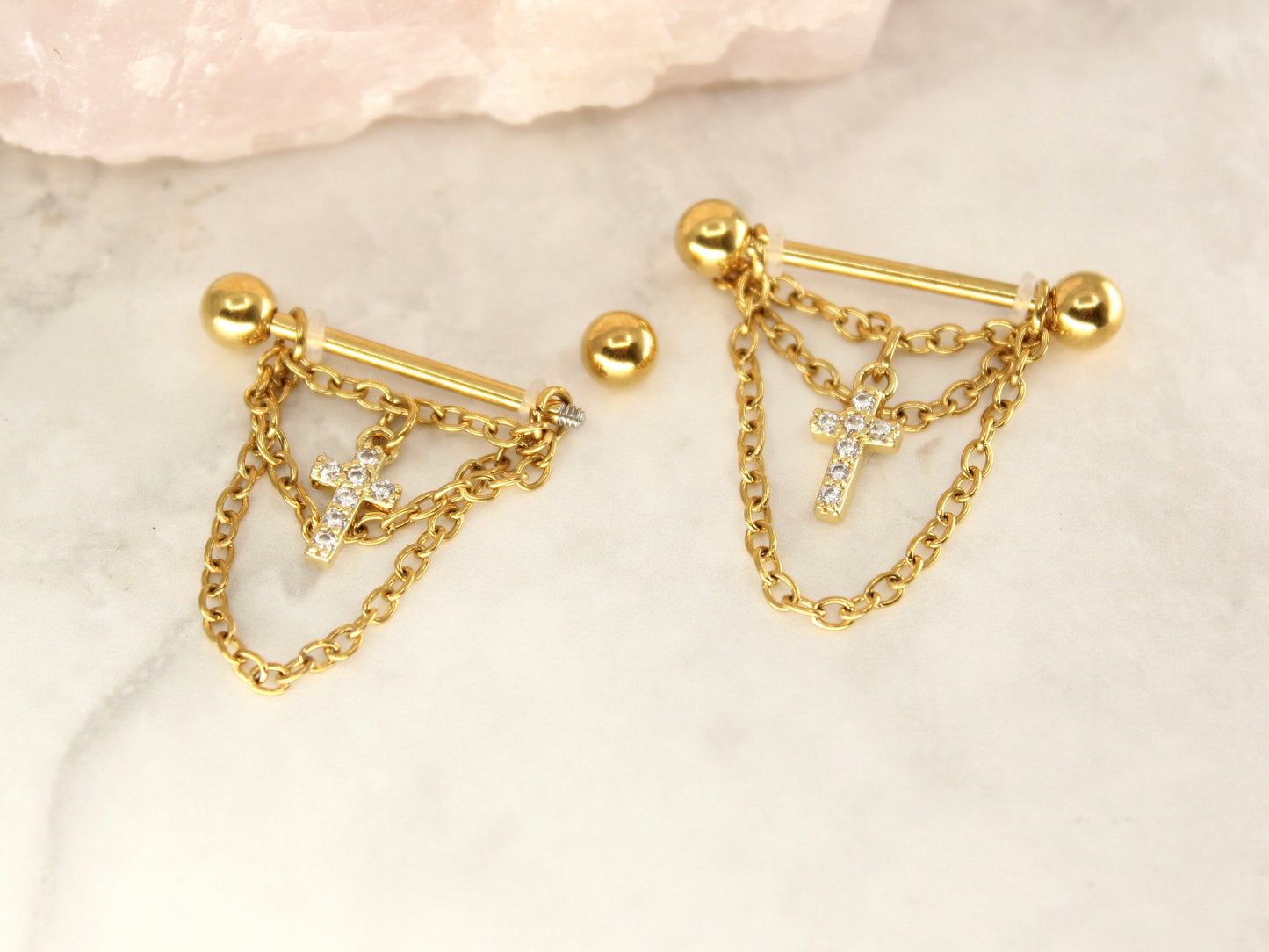 NEW • Gold Dangle Chain Nipple Ring, Cz Cross Dangle Chain Decor Nipple Piercing Barbell, 14g Gold Nipple Ring Body Jewelry