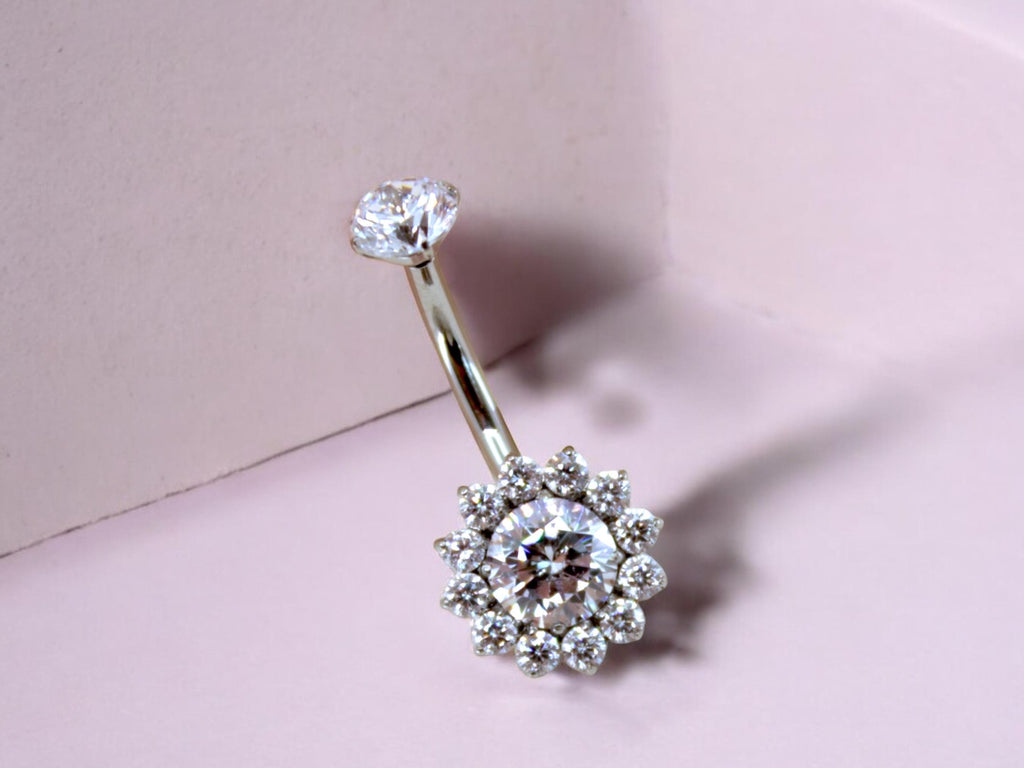 NEW • 14G Titanium Silver Belly Button Ring, Clear Sparkle Gem Floral Decor Belly Button Ring Piercing Jewelry, Navel Piercing Ring