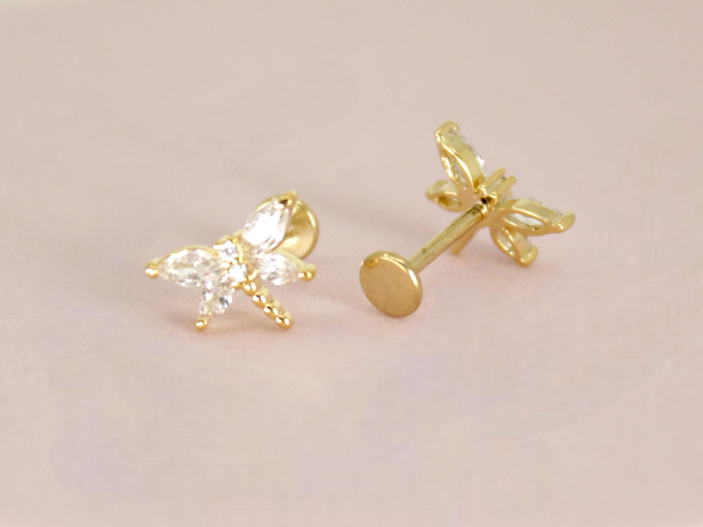 18G Dainty Dragonfly Push In Labret,Titanium Flat Back Stud, Gold Dragonfly Threadless Cartilage, Conch, Tragus Push in Stud.