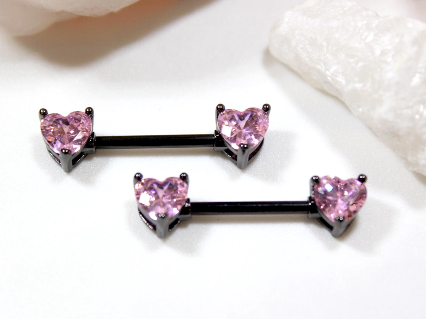 14g Heart Nipple Ring, Pink Heart Black Nipple Piercing Barbell, Personalized Body Piercing Jewelry Set of 2 Nipple Jewelry