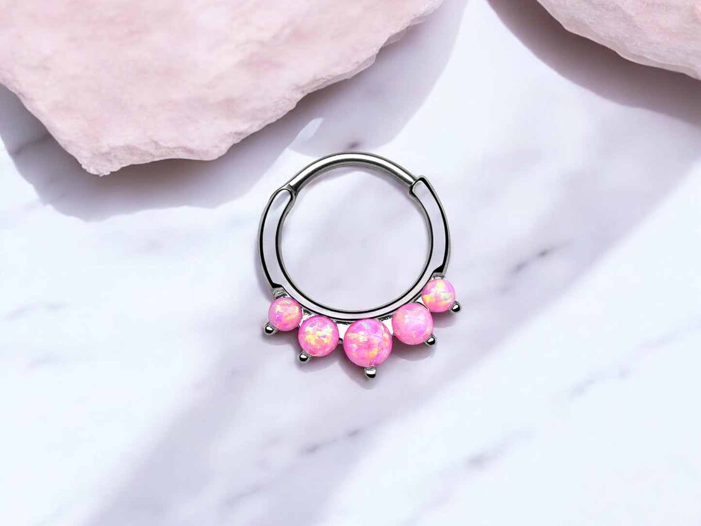 16g Pink Opal Front Dainty Septum Hoop Ring, Silver Nose Piercing Ring, Hinged Septum Clicker Nose Jewelry, Nose Piercing Jewelry