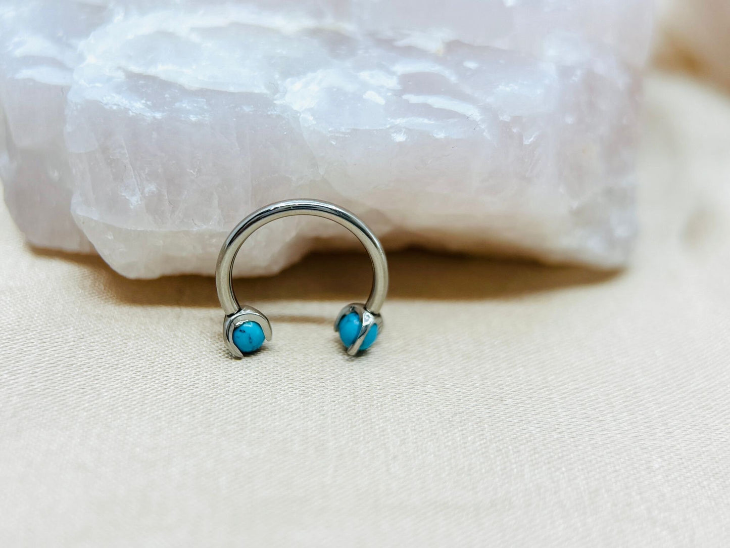 Implant Grade Titanium Turquoise Natural Stone Horseshoe Hoop Ring, Internally Threaded Septum Piercing Hoop Ring, Septum Jewelry Ring