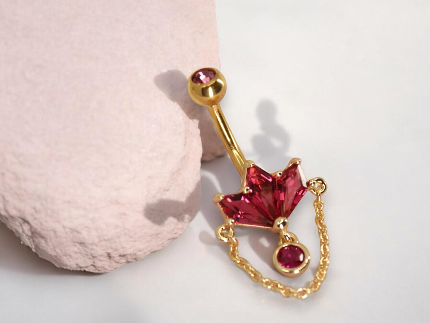 14g Dangling Gold Chain Belly Ring, Pink Marquise Gem Petal Decor Charm Belly Button Piercing Jewelry, Gold Dangling Navel Piercing Jewelry