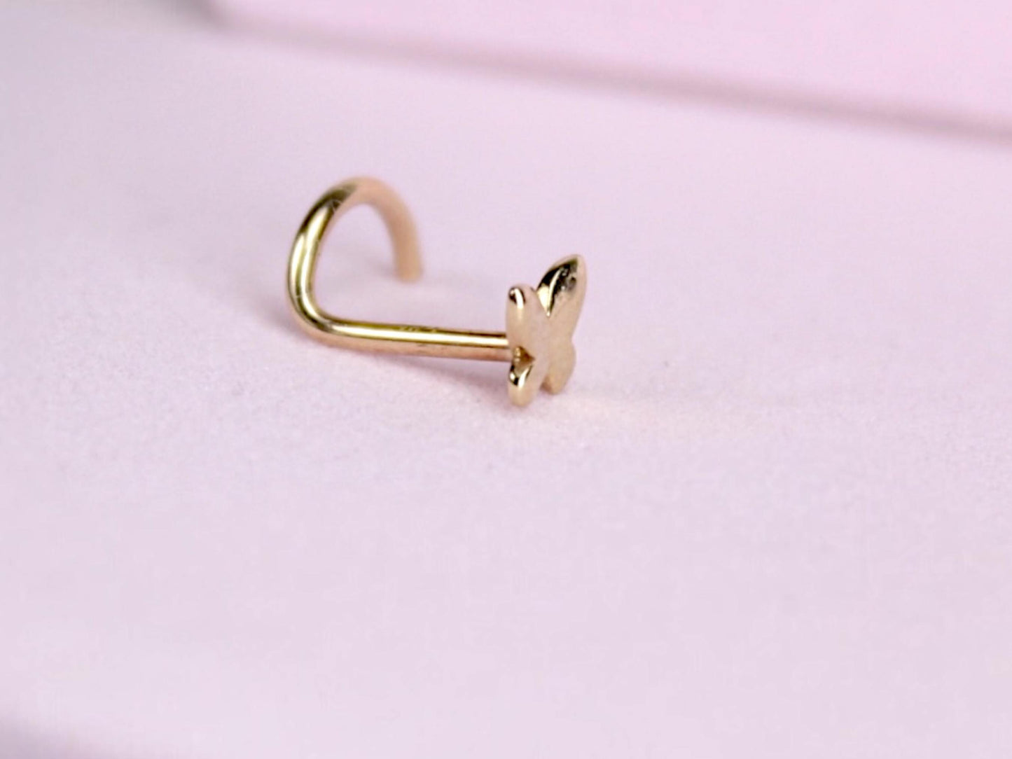 14K Solid Gold Butterfly Nose Stud, 20g Gold Corkscrew Nose Piercing, Dainty Gold Nose Jewelry, Minimalist Nose Piercing Ring Jewelry