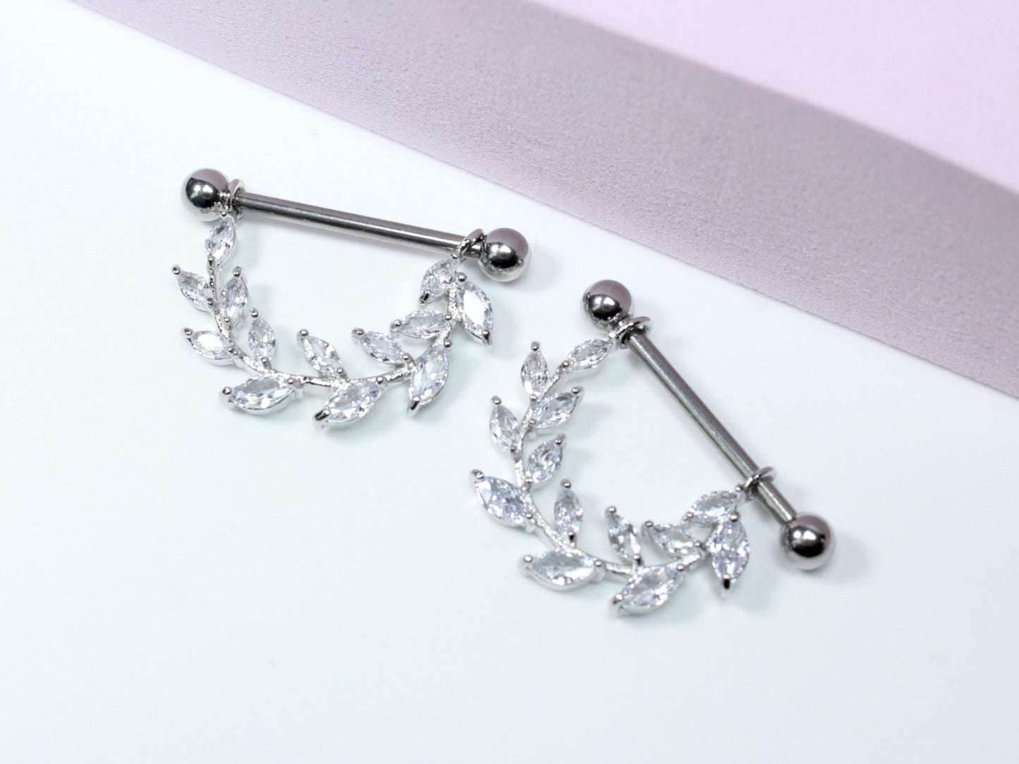 14G Marquise Leaf Nipple Barbell, Set of 2 Dainty Silver Dangling Nipple Ring, Floral Nipple Piercing Body Jewelry, Nipple Ring Jewelry