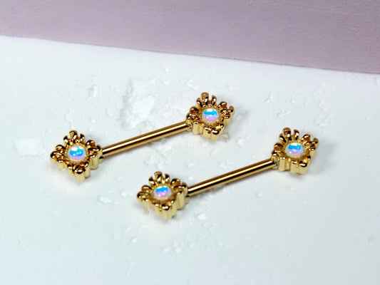 Gold Opal Nipple Barbell, 14G Sun Nipple Ring Piercing Jewelry, Set of 2 Nipple Body Jewelry,