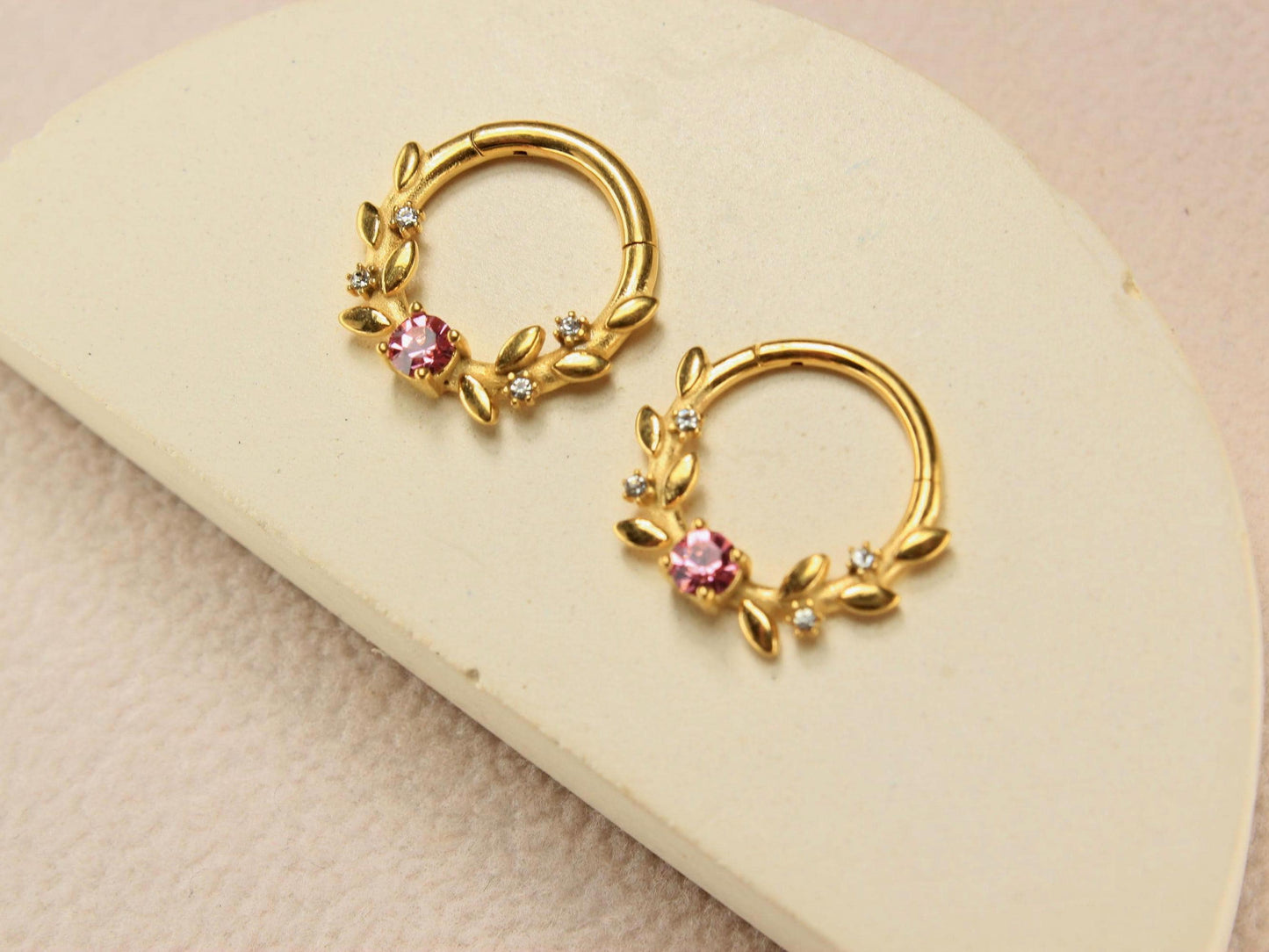 Gold Prong Set Septum Clicker Ring, 14g  Pink Gem Septum Ring Piercing, 16g Gold Clear Gem Nose Septum Jewelry, Body Piercing Jewelry
