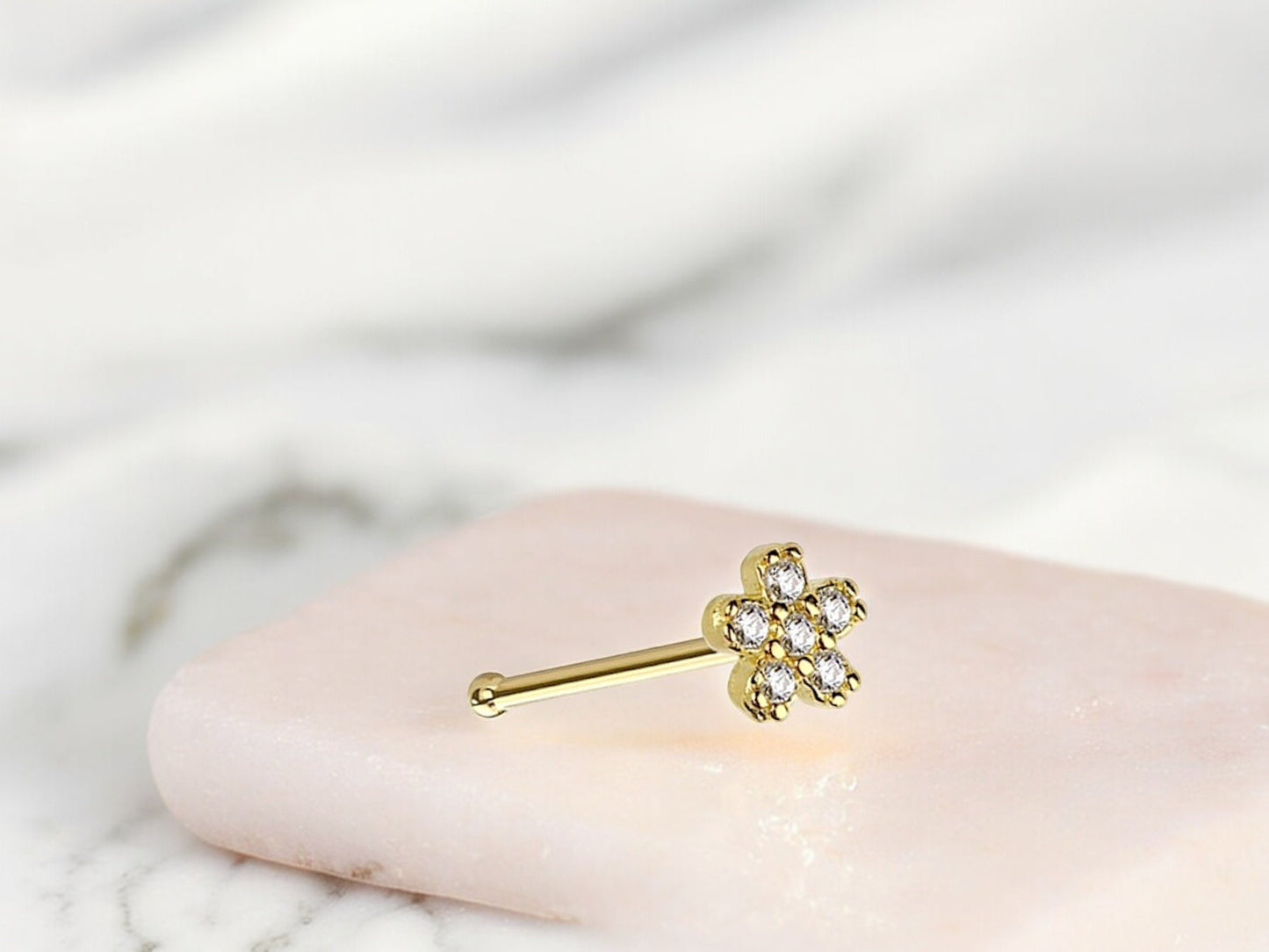 14K Gold Flower Nose Stud, Flower Top Sparkle Gem Nose Stud,20g Thin Nose Stud Ball End Nose Bone Stud Elegant Flower Nose Piercing Jewelry