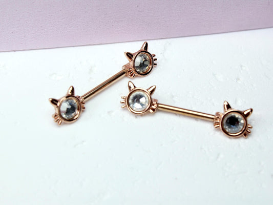 Rose Gold Cat Nipple Barbell, 14G Cute Sparkling Kitty Face Nipple Piercing Jewelry, Set of 2 Nipple Body Jewelry