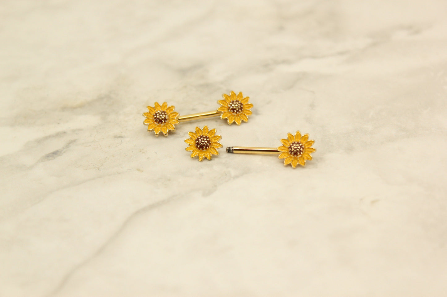 Sunflower Nipple Barbell, 14g Sunflower Nipple Ring Piercing.  Set of 2 Floral Nipple Piercing Jewelry, Body Piercing Nipple Jewelry