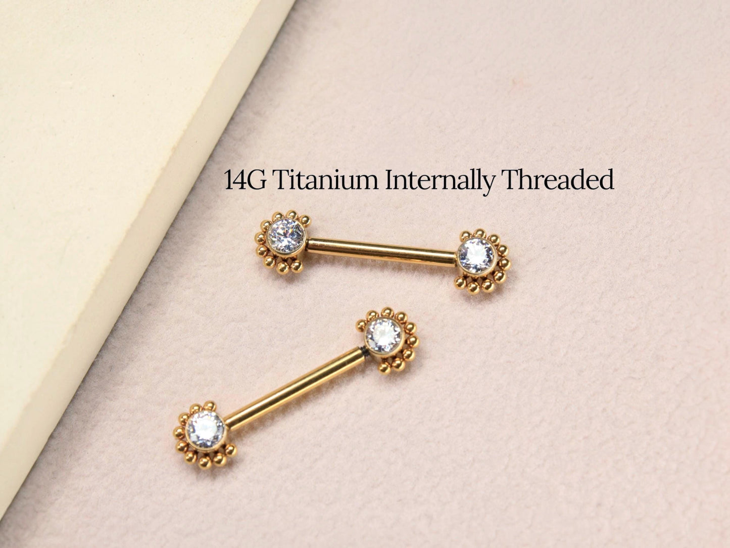 14G Gold Titanium Nipple Barbell, Internally Threaded Beaded Decor CZ Nipple Ring Piercing, Minimalist Body Jewelry