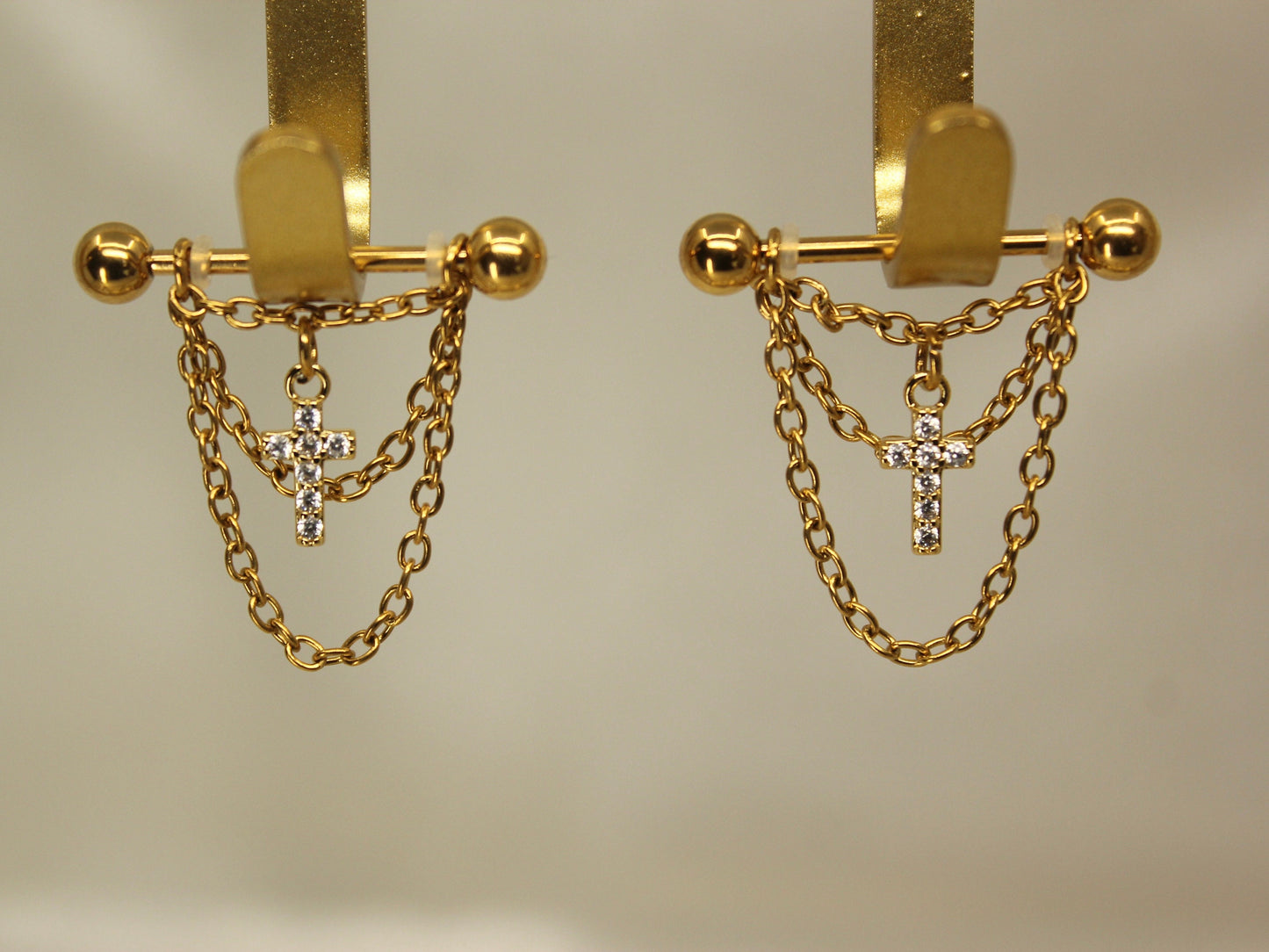 NEW • Gold Dangle Chain Nipple Ring, Cz Cross Dangle Chain Decor Nipple Piercing Barbell, 14g Gold Nipple Ring Body Jewelry
