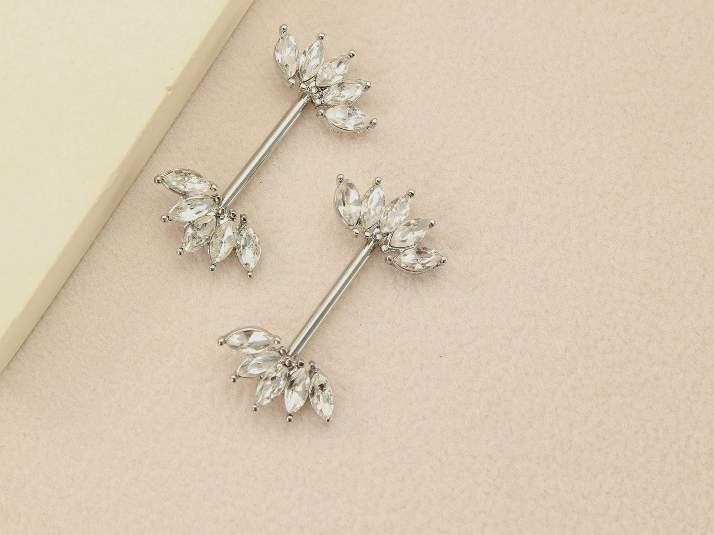 Silver Nipple Barbell Piercing, 14g Sparkling Gem Petal End Nipple Ring Jewelry, Floral Nipple Ring Body Jewelry