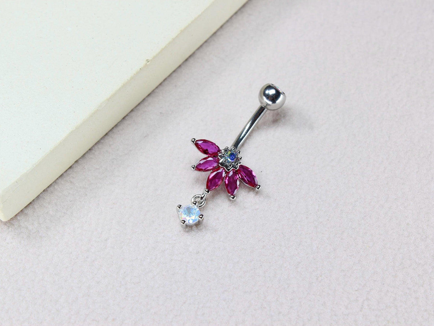 New • Floral Dangling Belly Button Ring, 14g Dainty Petal Decor Pink Marquise Gemstone Belly Ring Piercing Jewelry, Gold Navel Piercing