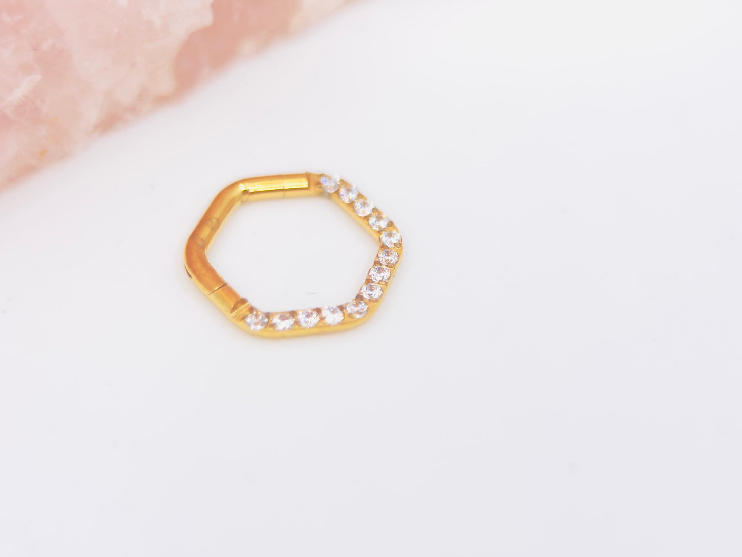 16g Gold Hexagon Septum Ring with CZ Crystals, Elegant Gold Nose Ring, Dainty Hinged Septum Clicker, Hypoallergenic Nose Piercing Jewelry