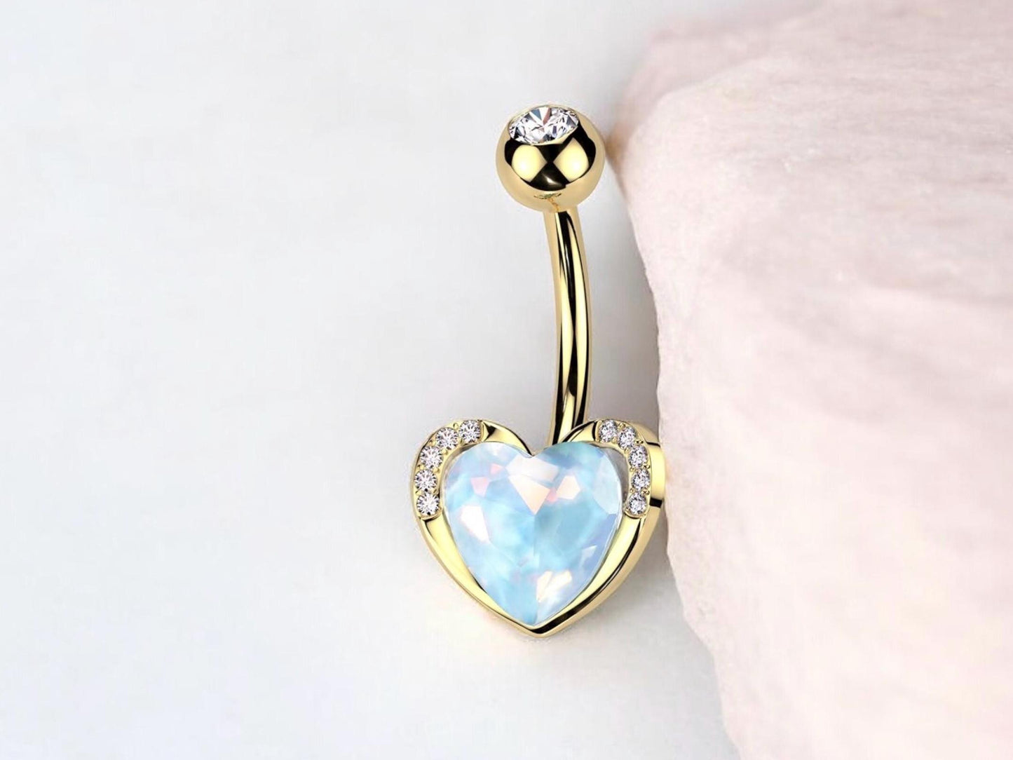 14G Gold Aqua CZ Heart Belly Button Ring – Paved Navel Jewelry