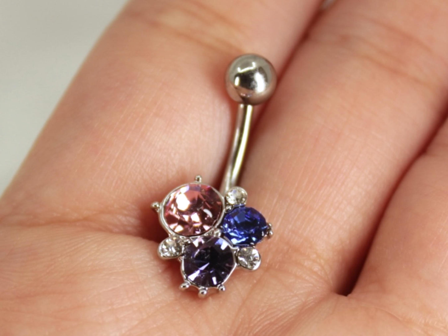 14g Silver Colorful Gem Belly Button Ring, Multicolor Gem Belly Piercing Ring Jewelry, Navel Piercing. Dainty Belly Ring