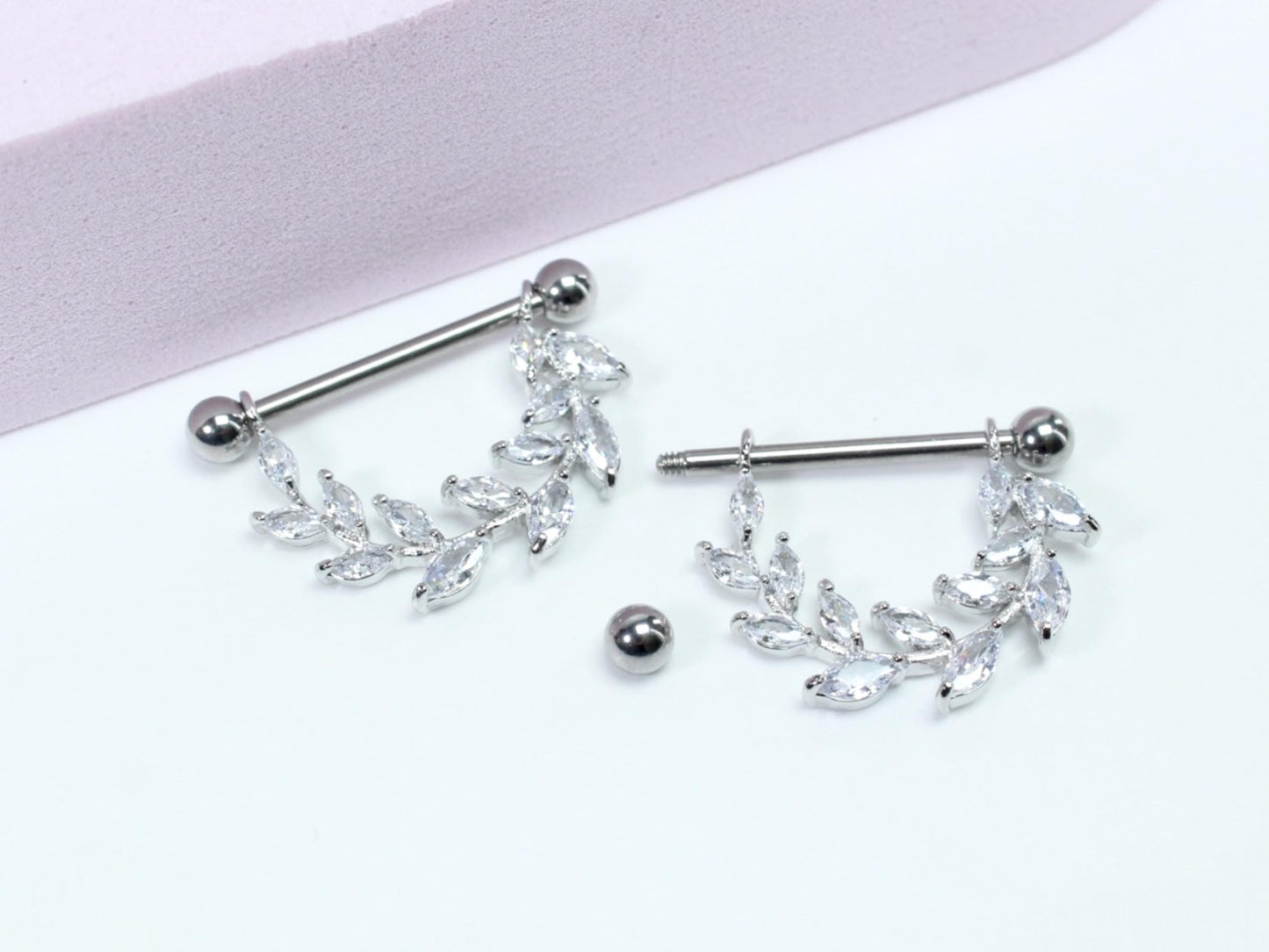 14G Marquise Leaf Nipple Barbell, Set of 2 Dainty Silver Dangling Nipple Ring, Floral Nipple Piercing Body Jewelry, Nipple Ring Jewelry