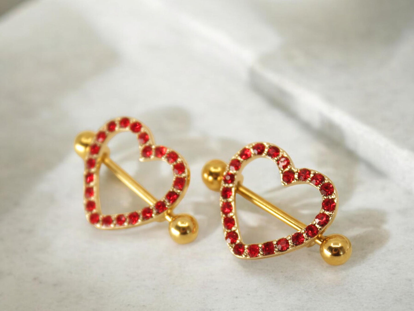 14g Red Heart Nipple Barbell, Gold Red Heart Sparkling Gems Nipple Shield Piercing Jewelry, Nipple Ring Body Piercing Jewelry,Valentine Gift