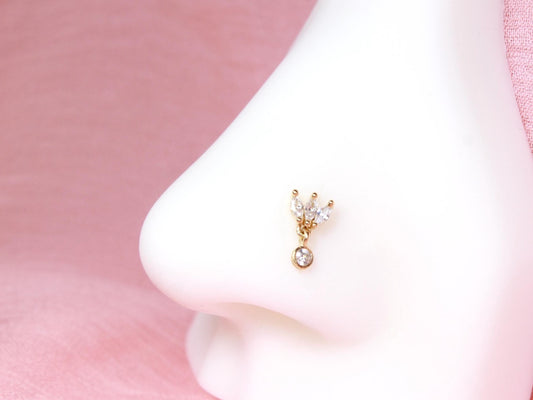14K Gold Petal Nose Stud, 20g Dainty Dangling Star L Shape Corkscrew Nose Stud, Gold Nose Jewelry, L Bend Screw Nose Piercing Ring Jewelry