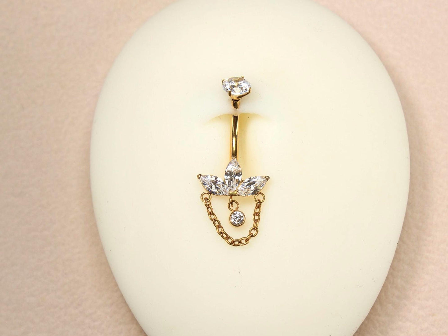 14g Titanium Belly Button Ring, Gold Dangling Chain Belly Ring, Petal Marquise Gem Charm Belly Piercing Jewelry, Gold Navel Body Jewelry