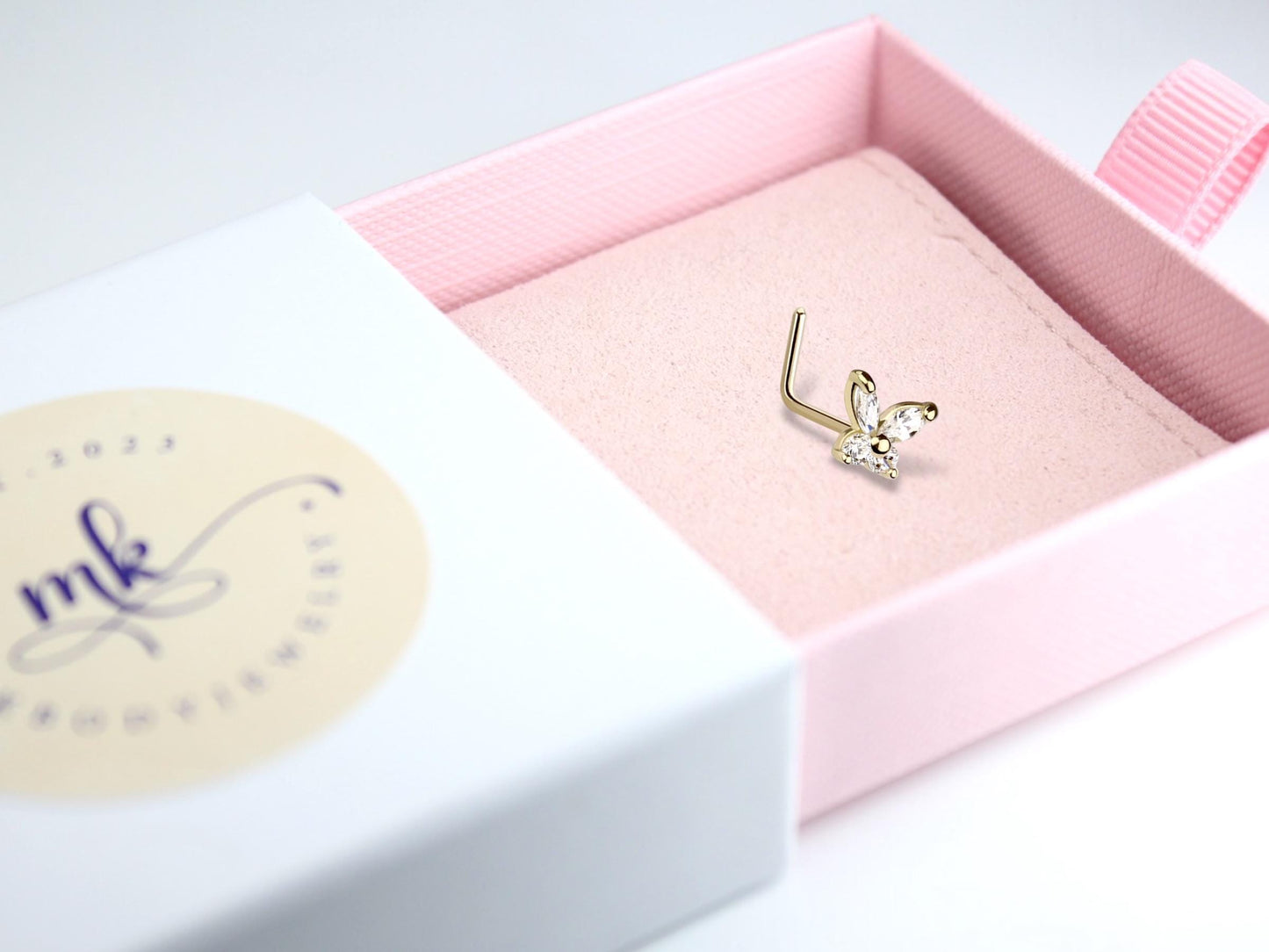 14K Gold Butterfly Nose Stud, 20g Dainty Crystal Butterfly L Shape Nose Stud, Gold Nose Jewelry, Minimalist Nose Piercing Ring Jewelry