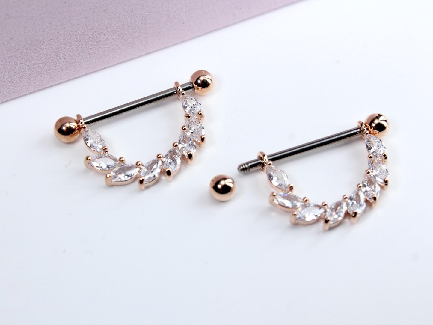 Marquise Vine Nipple Ring, Floral Decor Rose Gold Accent Dangle Gem Nipple Piercing Barbell, 14g Nipple Jewelry, Set of 2