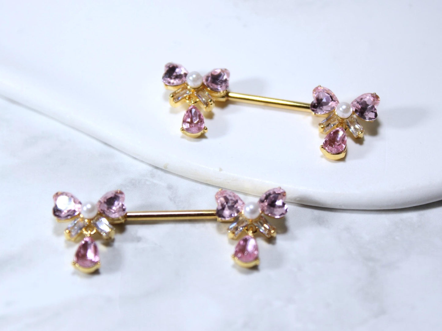 14G Pink Ribbon Bow-Tie Nipple Ring, Dainty Bow Dangling Nipple Piercing Jewelry, Personalized Body Jewelry, Waterproof Nipple Jewelry.