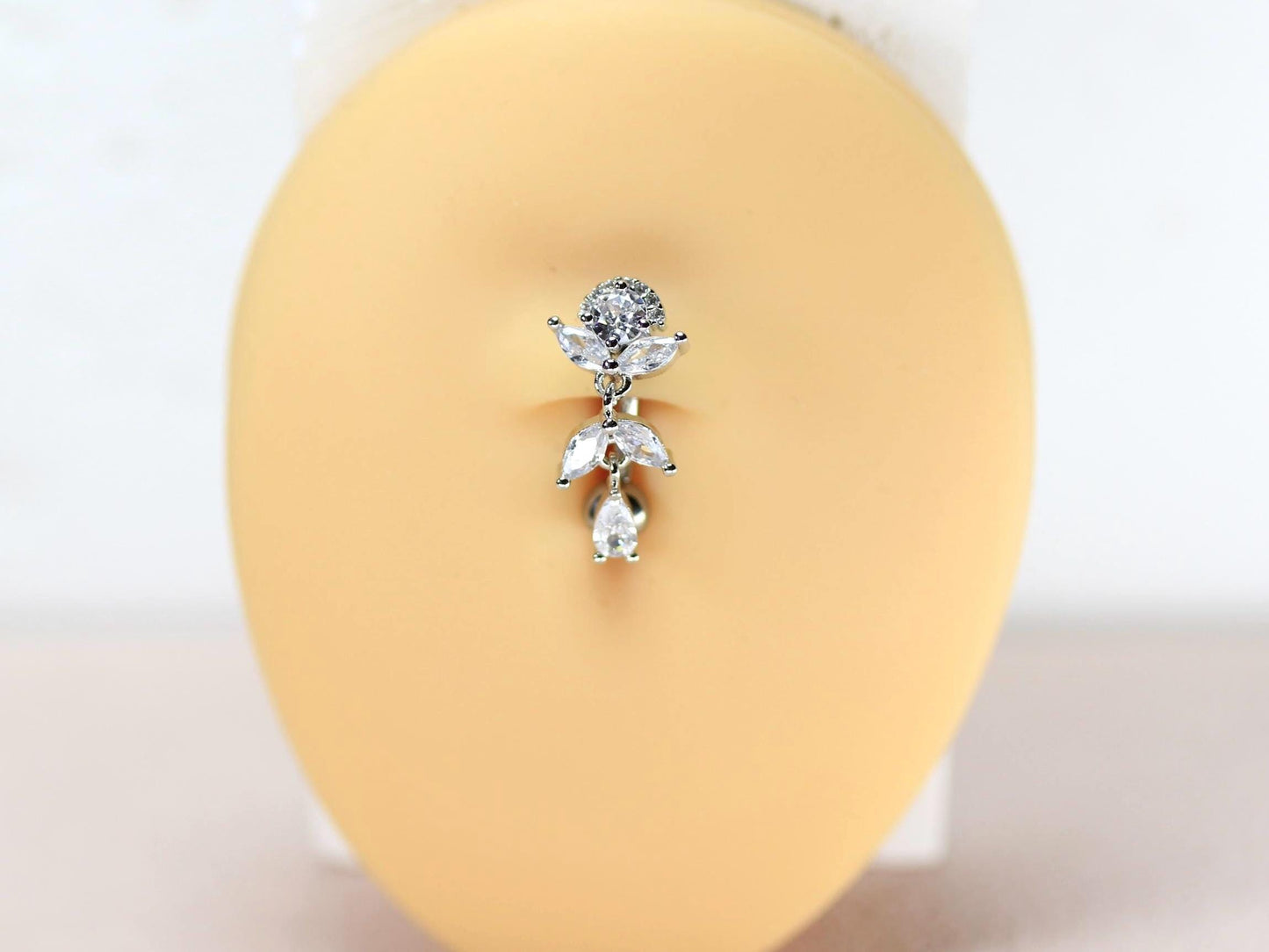 Implant Grade Titanium Belly Button Ring,14g Silver Floral Top Down Inverted Belly Ring,Dangling Navel Piercing, Hypoallergenic Body Jewelry