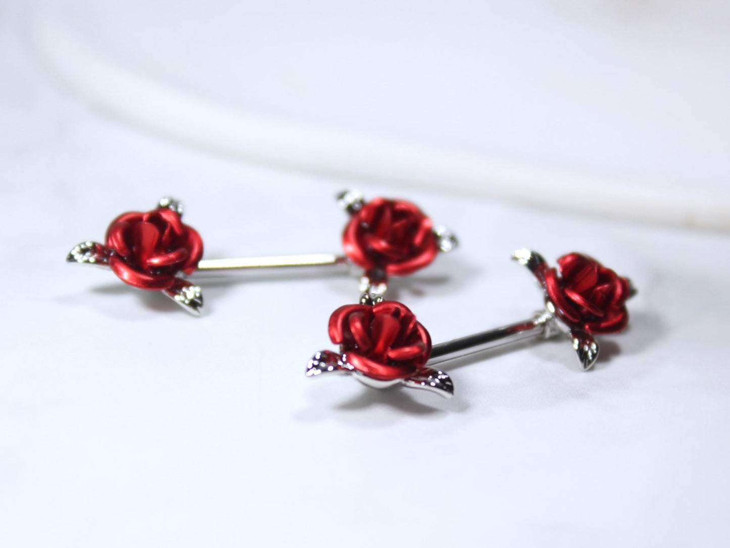 14G Red Rose Nipple Barbell – Pair of Floral Rose Nipple Rings, Surgical Steel Nipple Piercing Jewelry.