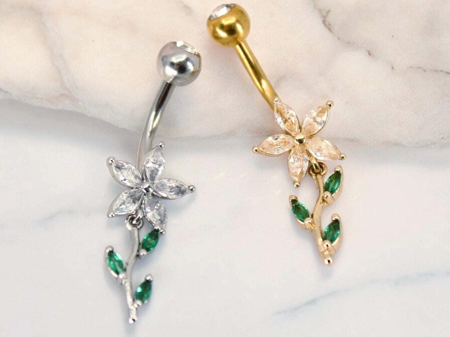 14G Gold Floral Leaf Belly Button Ring, Marquise Flower Petal Belly Ring Piercing , Gold Silver Dainty Navel Piercing, Belly Body Jewelry,